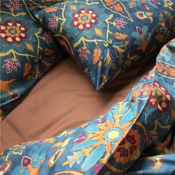 NEW Anthro Blue Damask Boho Queen King Egyptian Cotton Bedding Duvet & Sham Set - Picture 6 of 9